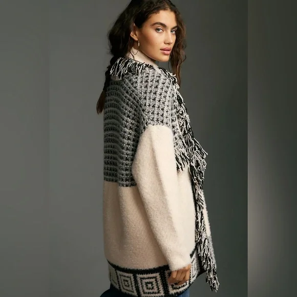 Anthropologie Pilcro Fringe Cardigan Sweater Size Cream Black Oversized - Picture 2 of 12